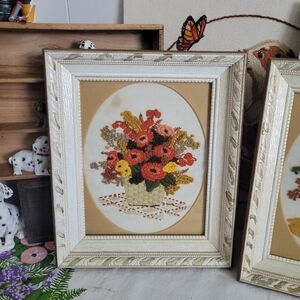 Vintage Crewel Embroidery Art Floral  Ornate Wooden Frame
